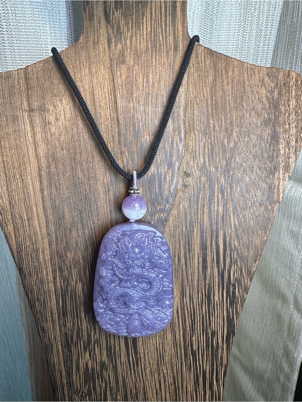 Lavender Carved Ocean Jasper Dragon Pendant Necklace with Half Bowl Amethyst - Picture 10 of 16